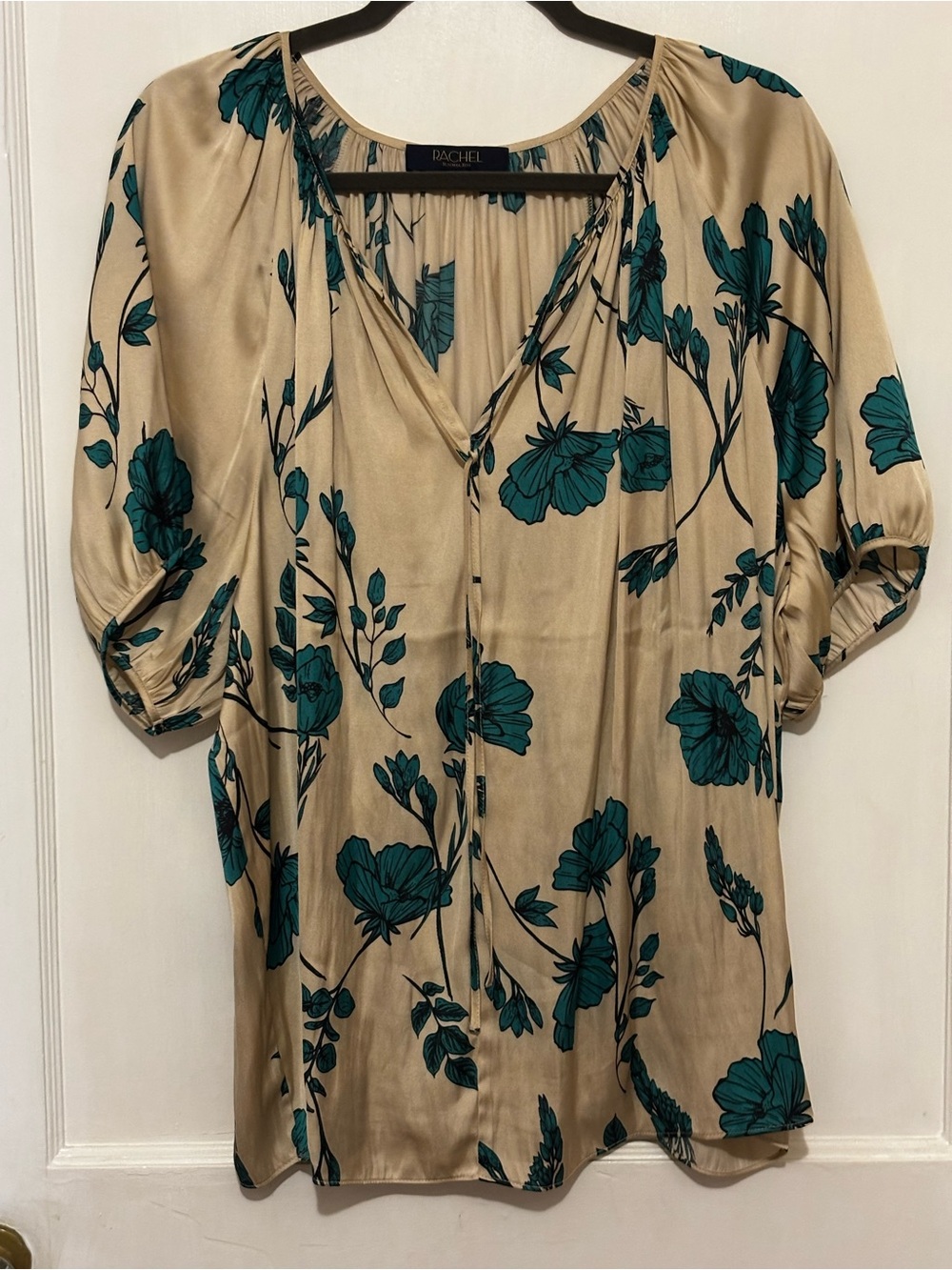 RACHEL Rachel Roy Beige Blouse with Teal Floral Print